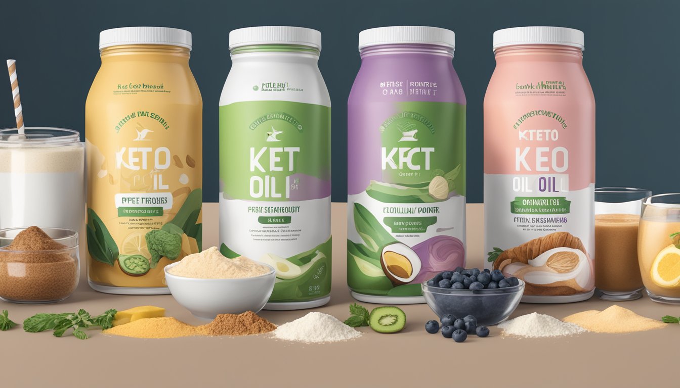 A collection of five Perfect Keto MCT Oil Powder Shakes arranged in a row, surrounded by carnivore diet-friendly food items for optimal nutrition