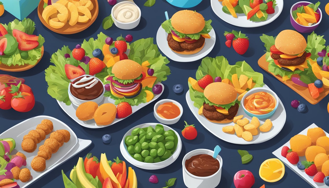 A colorful lunch spread with a variety of kid-friendly carnivore dishes, such as mini burgers, chicken nuggets, and meat skewers, surrounded by vibrant fruits and veggies