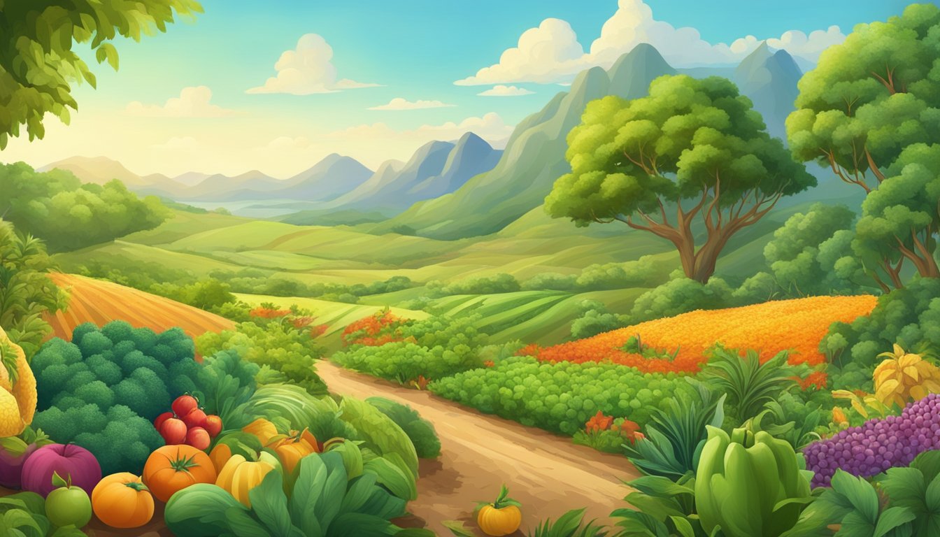 A lush, green landscape with an abundance of fruits, vegetables, and grains. Animals peacefully grazing in the distance, surrounded by vibrant plant life