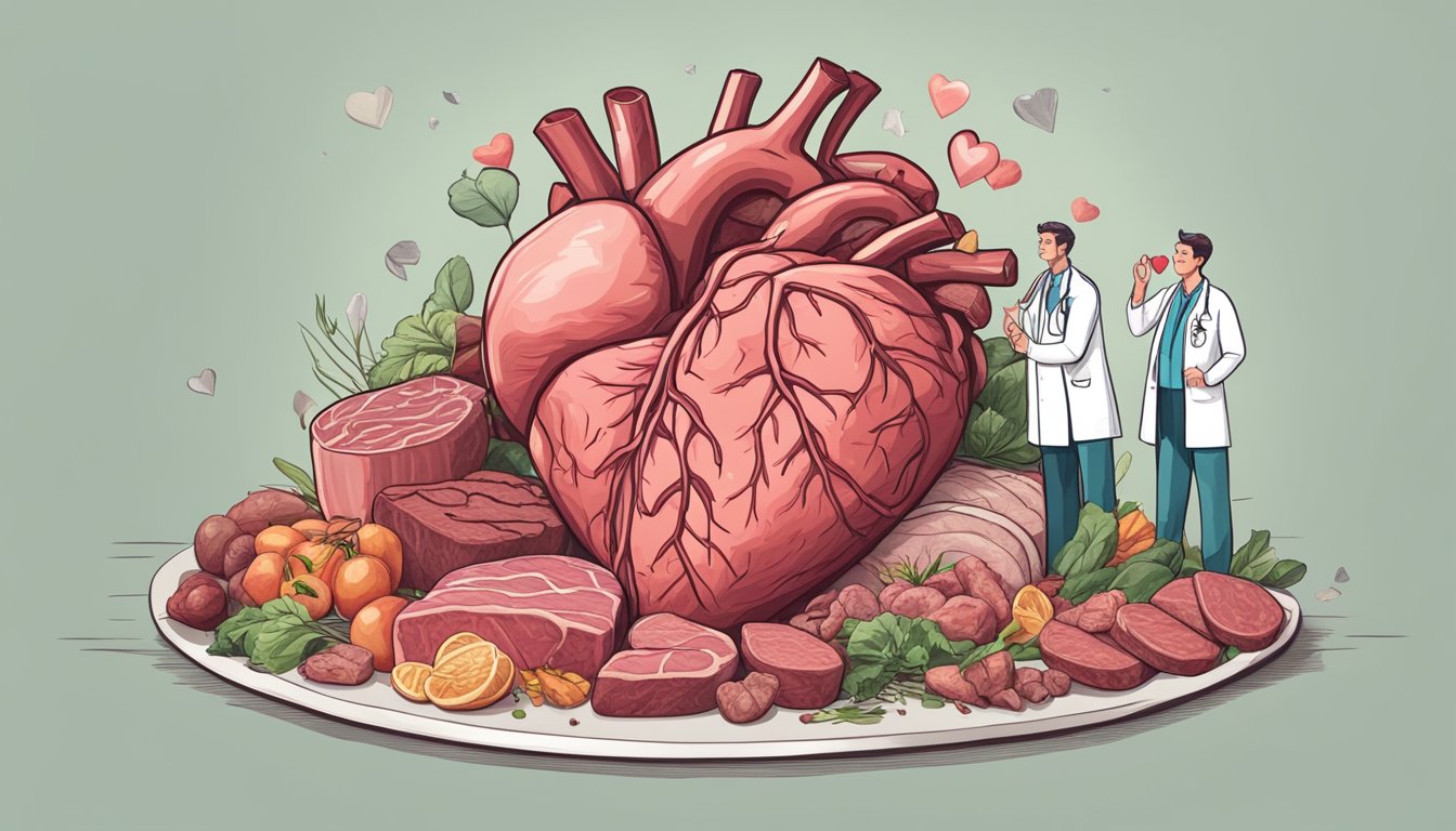 A pile of red meat surrounded by a heart with a line through it, a broken myth symbol, a doctor shaking their head, and a healthy heart