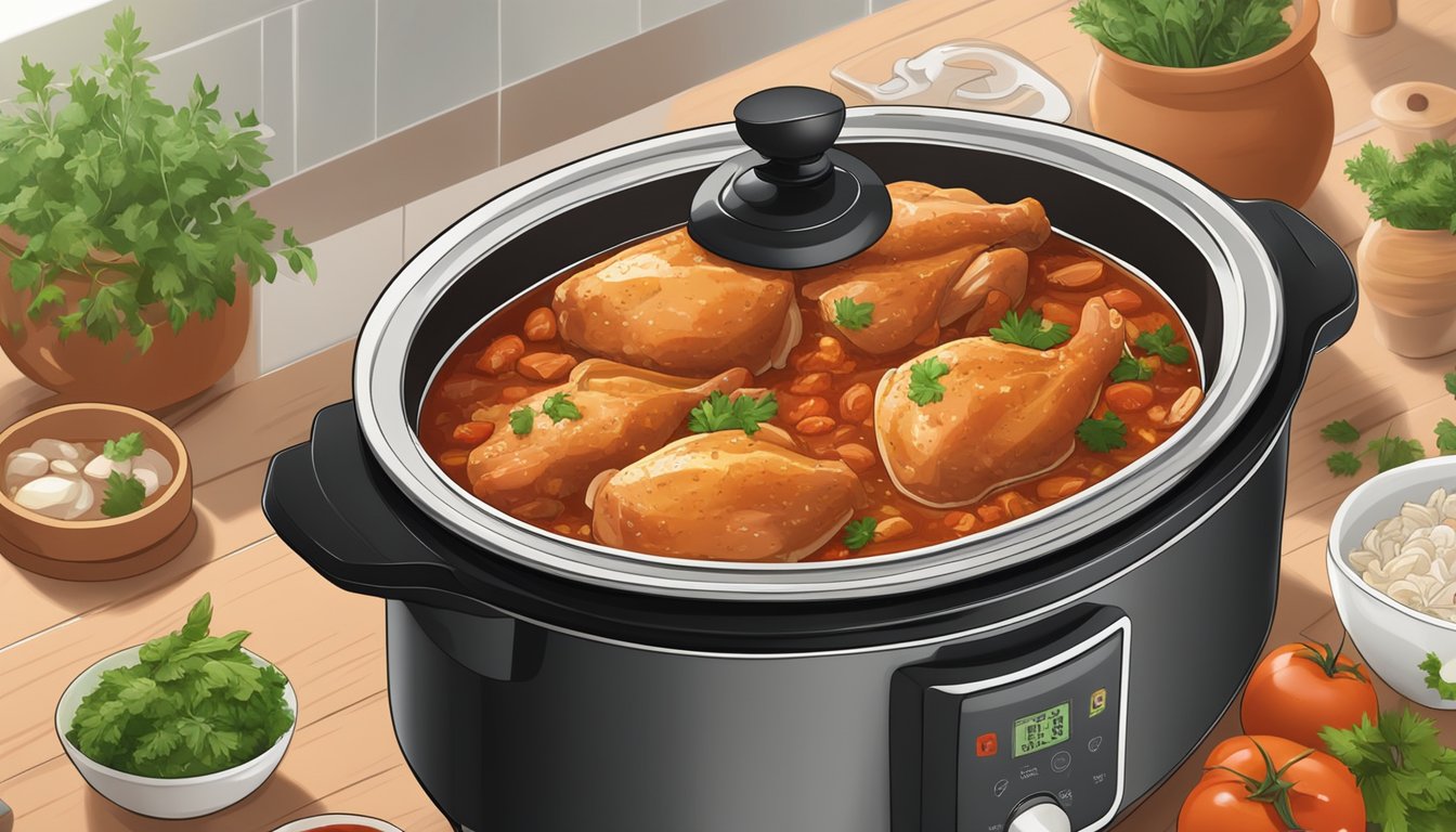 A slow cooker filled with chicken thighs simmering in a rich tomato sauce, surrounded by fresh herbs and spices on a kitchen counter