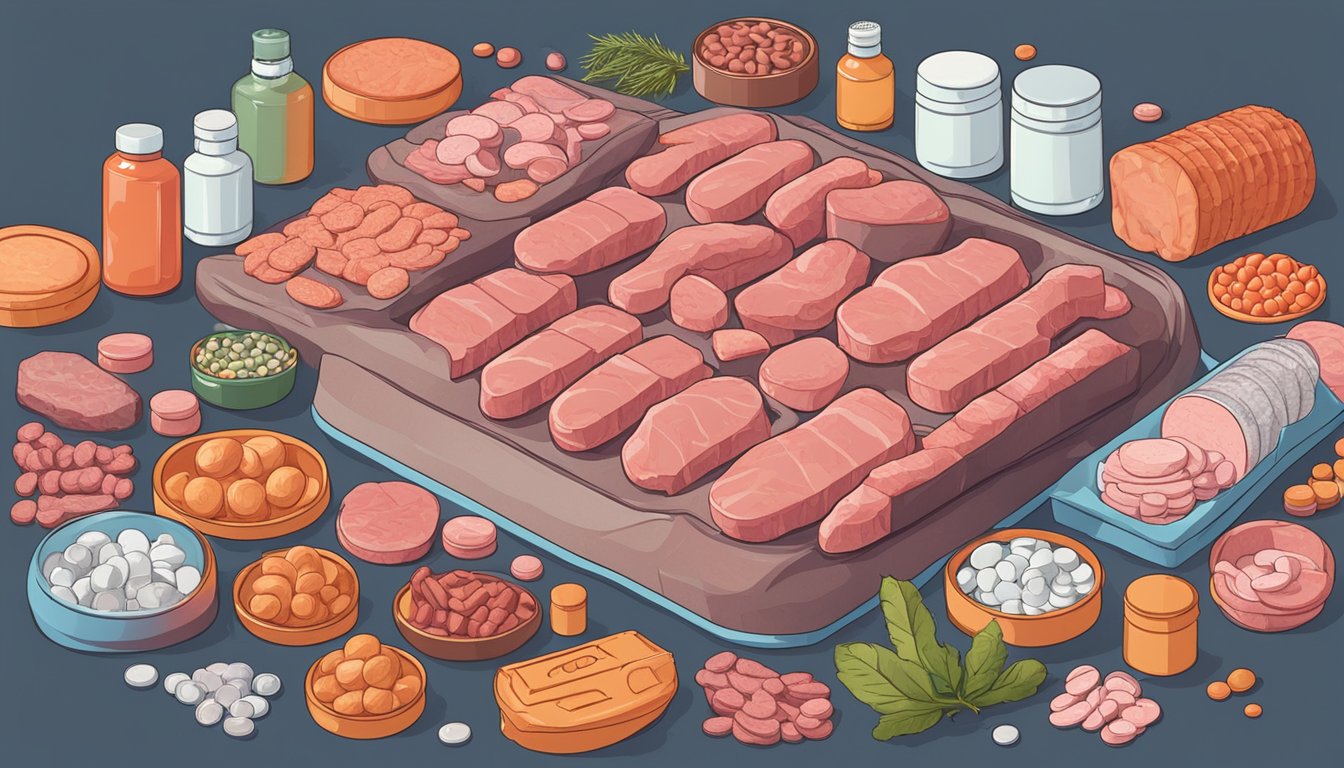 A pile of assorted raw meats surrounded by a collection of digestive pills and antacids, with a red "no" symbol over each pill