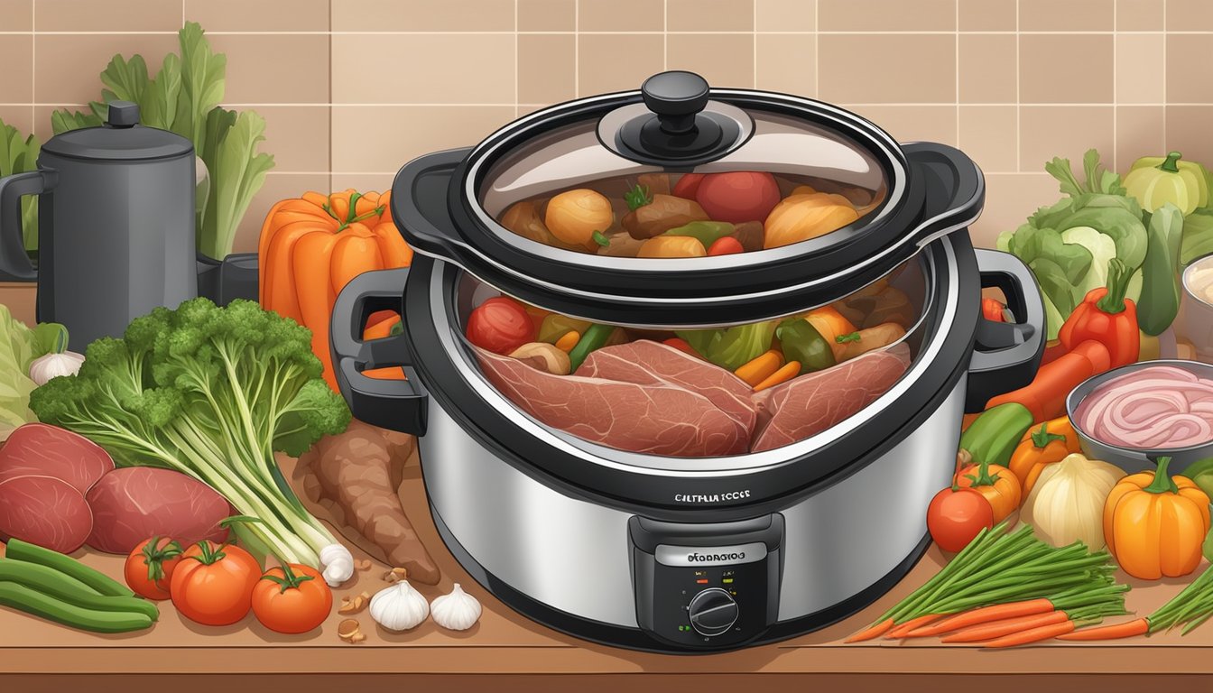 A slow cooker surrounded by fresh vegetables, raw meat, and various spices on a kitchen counter