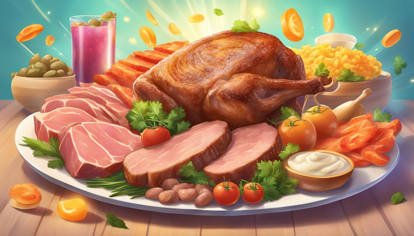 A vibrant burst of energy radiates from a plate of assorted meats, surrounded by glowing symbols of vitality and strength