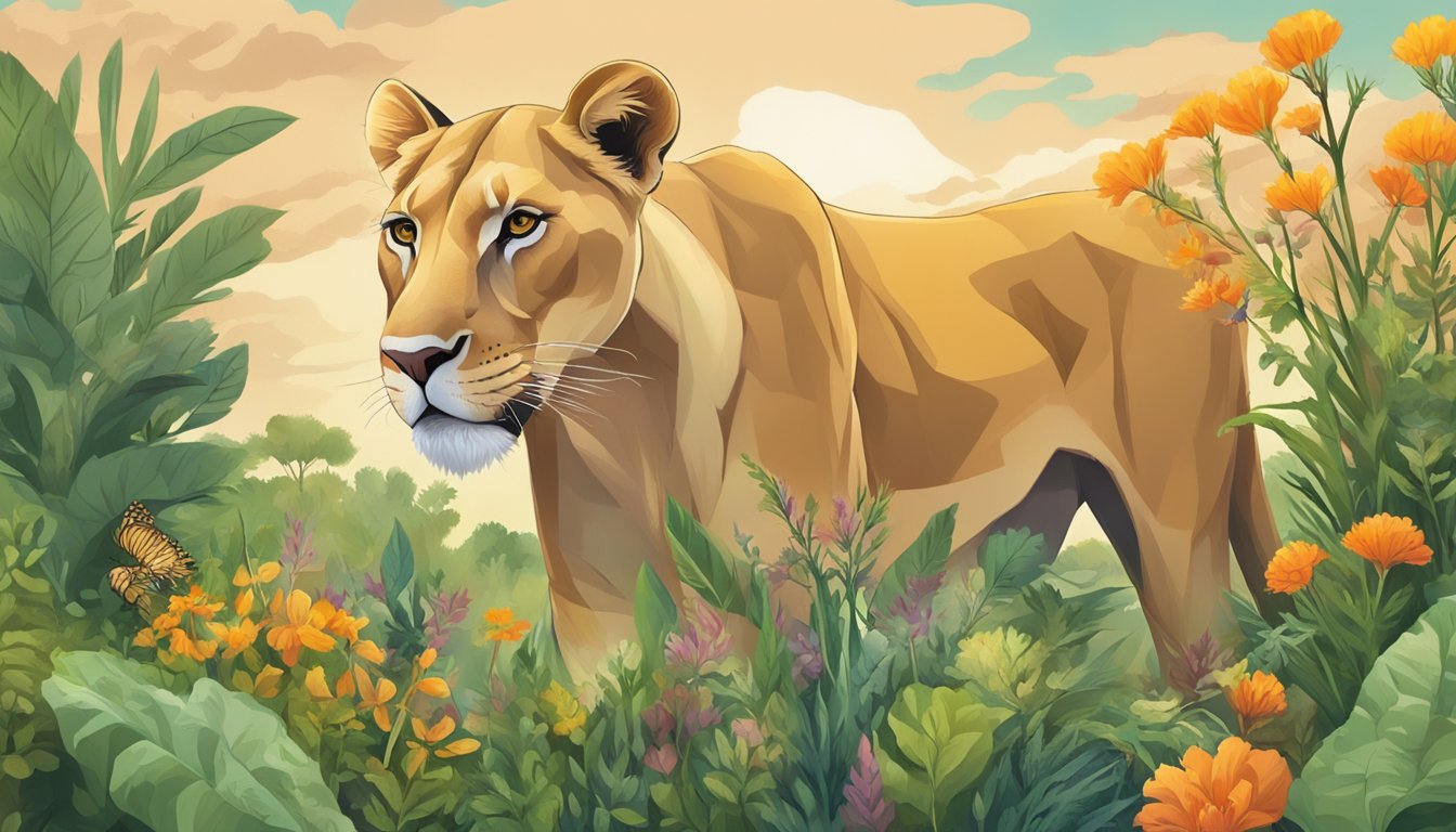 A lioness feasting on a fresh kill, surrounded by a variety of vibrant, nutrient-rich plants and herbs growing in the wild