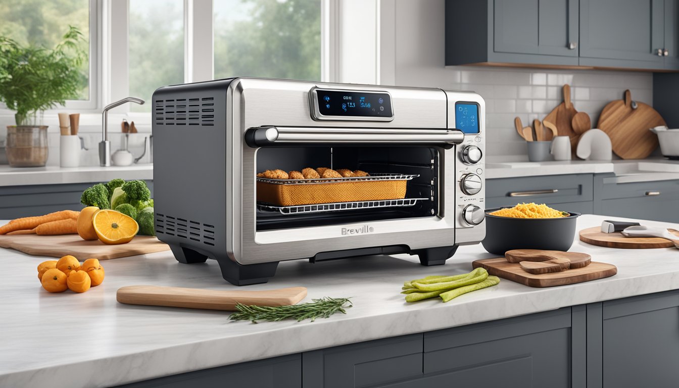 A Breville Smart Oven Air Fryer surrounded by essential kitchen tools for the carnivore diet on a clean, modern countertop