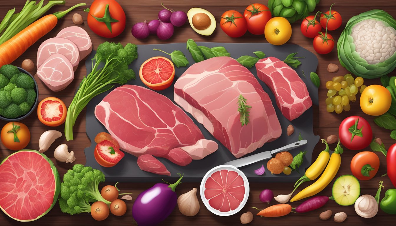 A variety of fresh, raw meats and organs arranged on a wooden cutting board, surrounded by vibrant, colorful vegetables and fruits