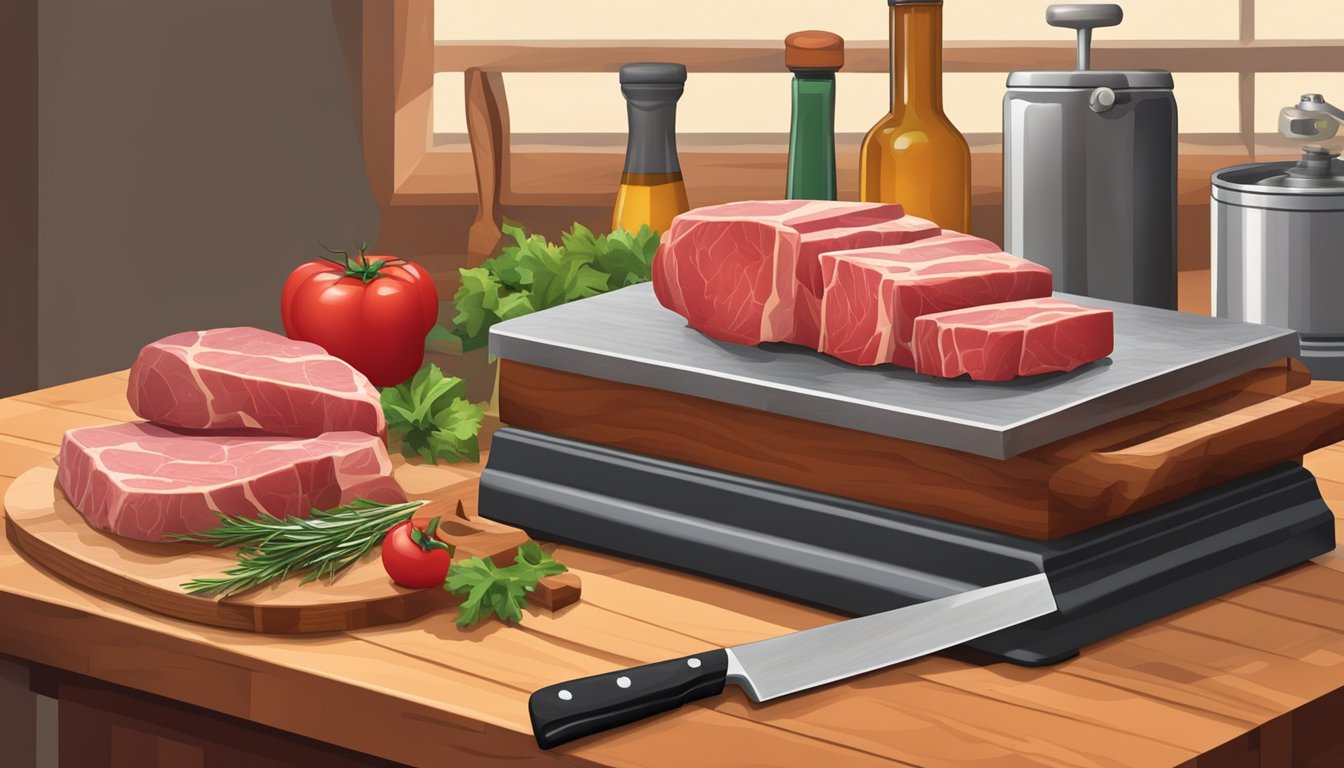 A butcher's block with a sharp knife, meat grinder, cast iron skillet, meat thermometer, and cutting board