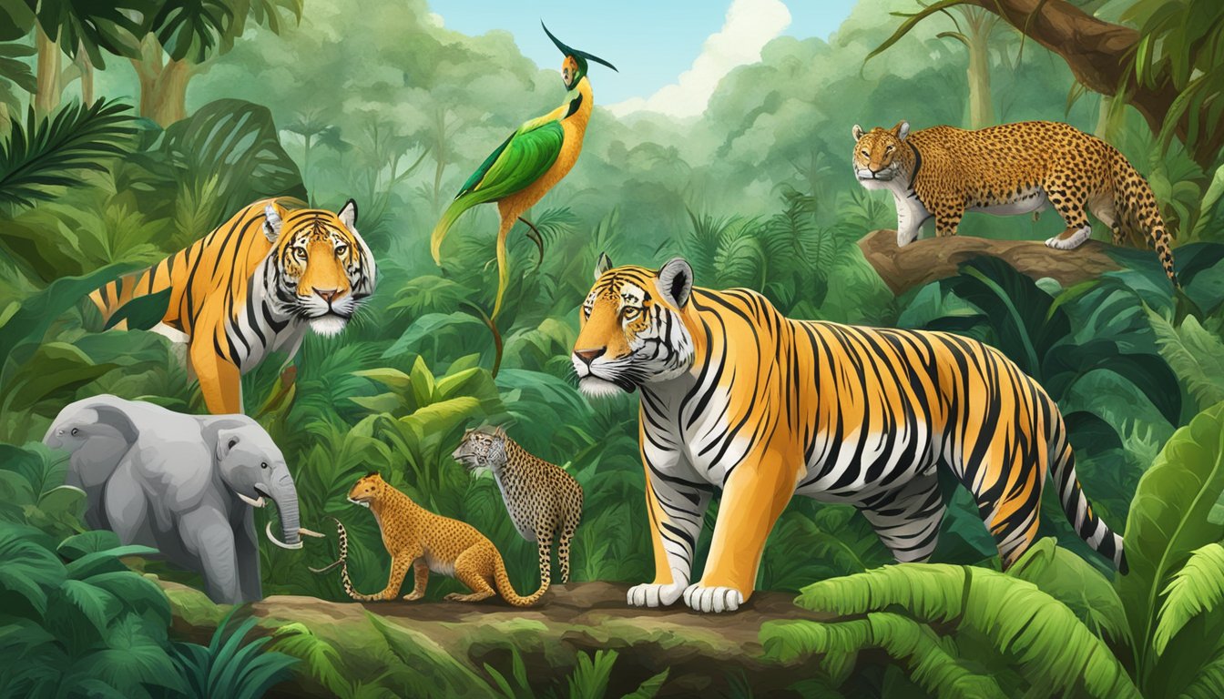 A lush jungle with five powerful carnivorous animals thriving in their natural habitat, representing the success and strength of the carnivore diet