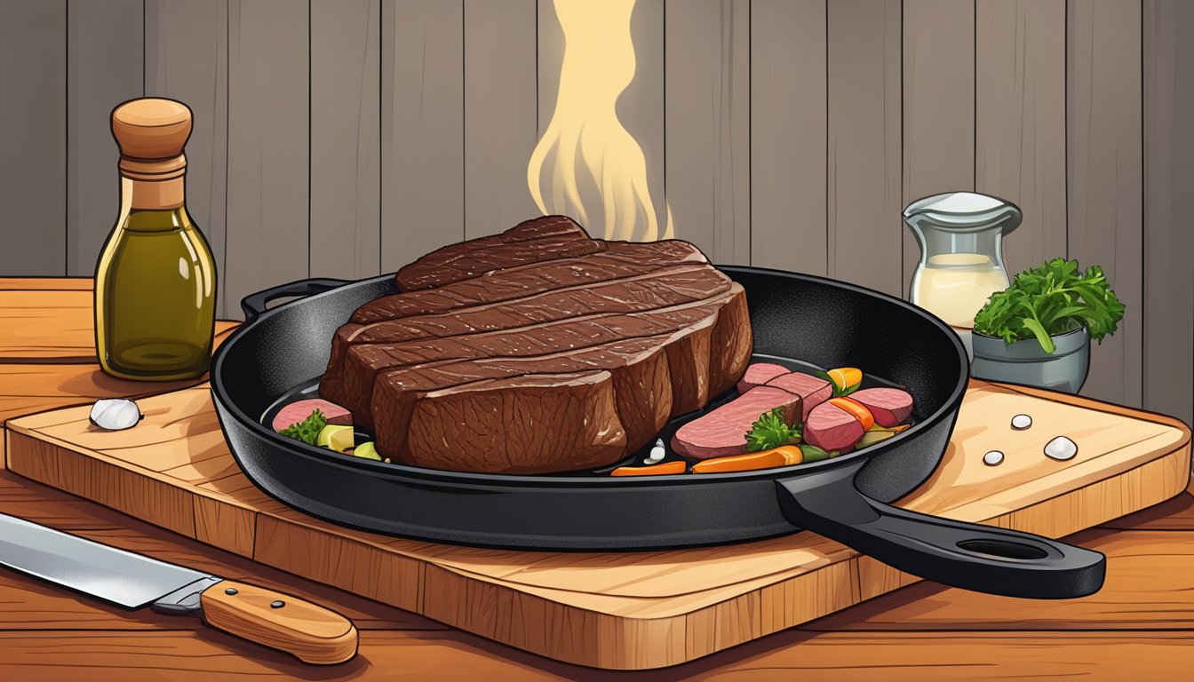 A cast iron skillet sizzling with a juicy steak, a sharp chef's knife, a meat thermometer, a cutting board, and a meat tenderizer on a wooden countertop