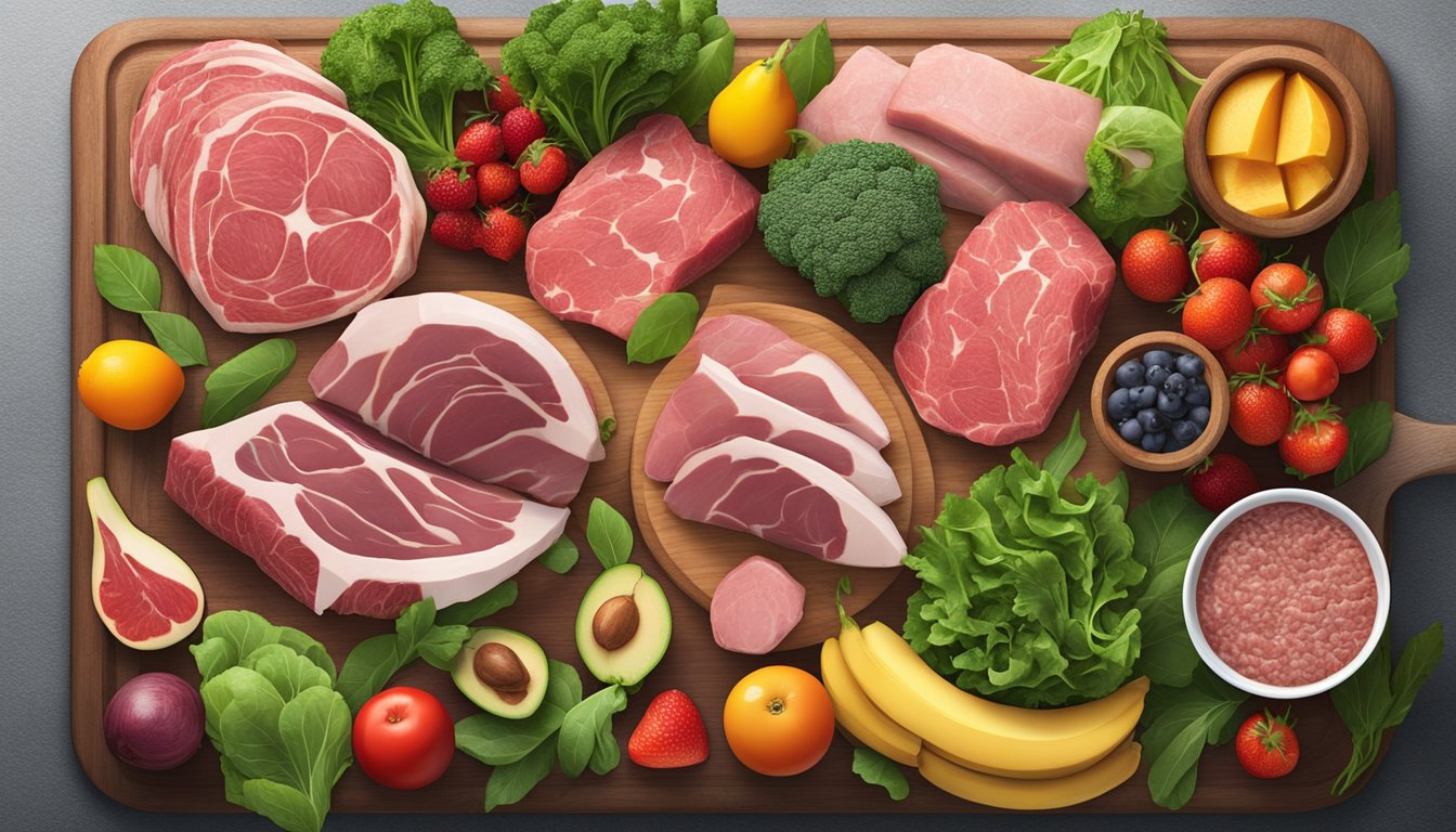 A variety of fresh, raw meats and organs arranged on a wooden cutting board, surrounded by vibrant green leafy vegetables and colorful fruits