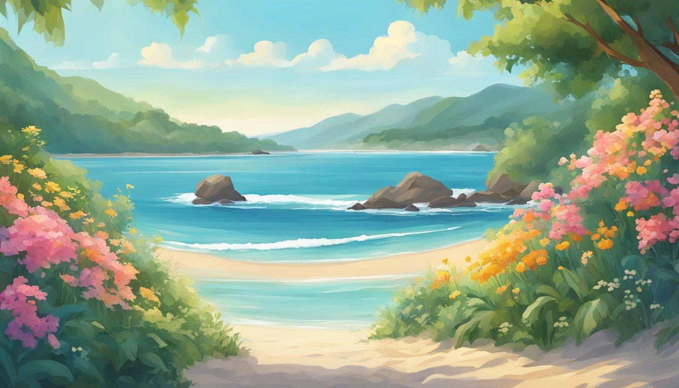 A serene beach with calm waves, surrounded by lush greenery and vibrant flowers, with a clear blue sky overhead