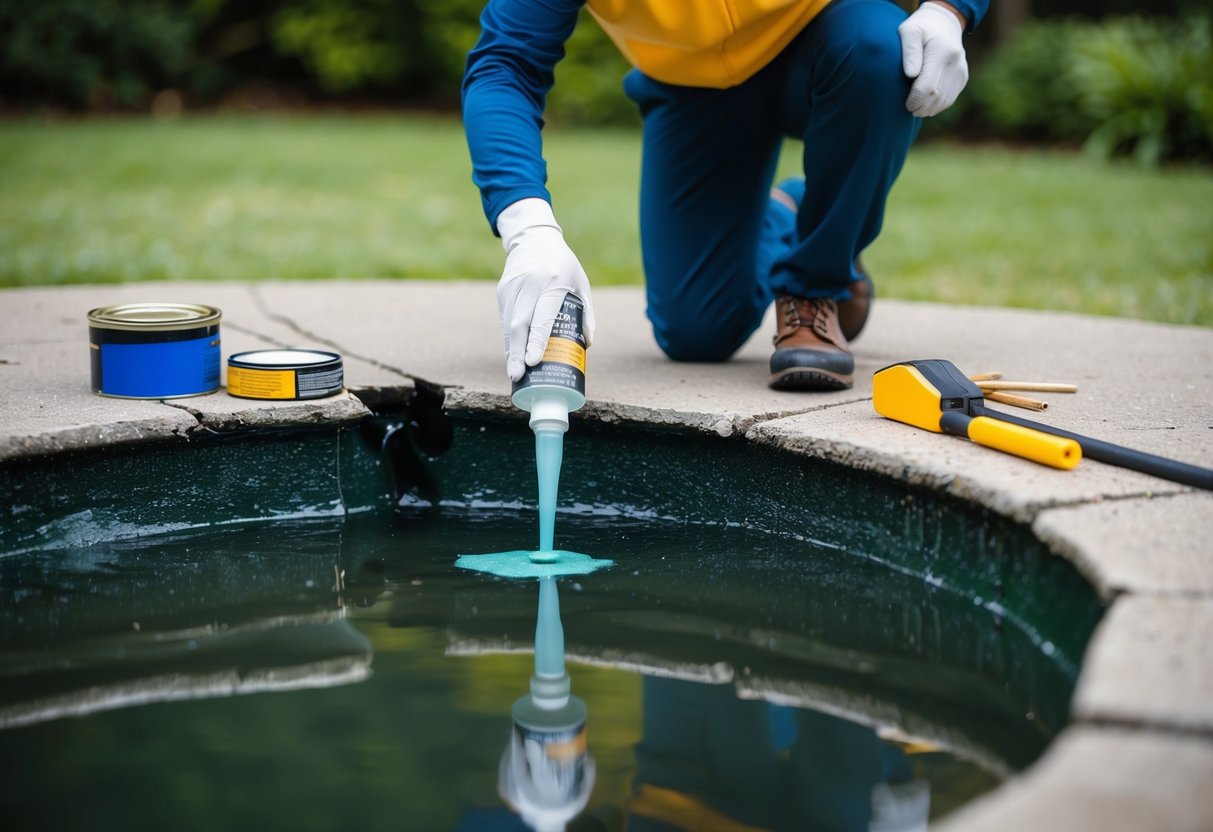 A person applying sealant to a cracked concrete pond, with water leaking out and tools nearby for repair