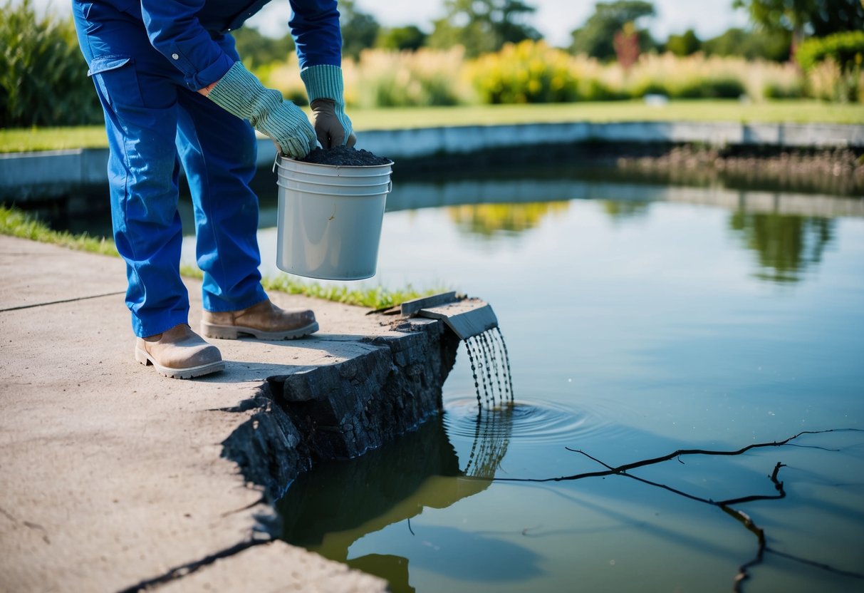 A person wearing work gloves and holding a bucket of concrete mix stands next to a cracked and leaking fish pond. They are preparing to repair the damage