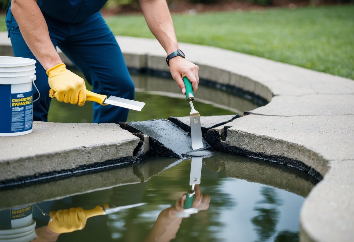 A person using a trowel to apply waterproof sealant to a cracked concrete pond, with a bucket of repair materials nearby