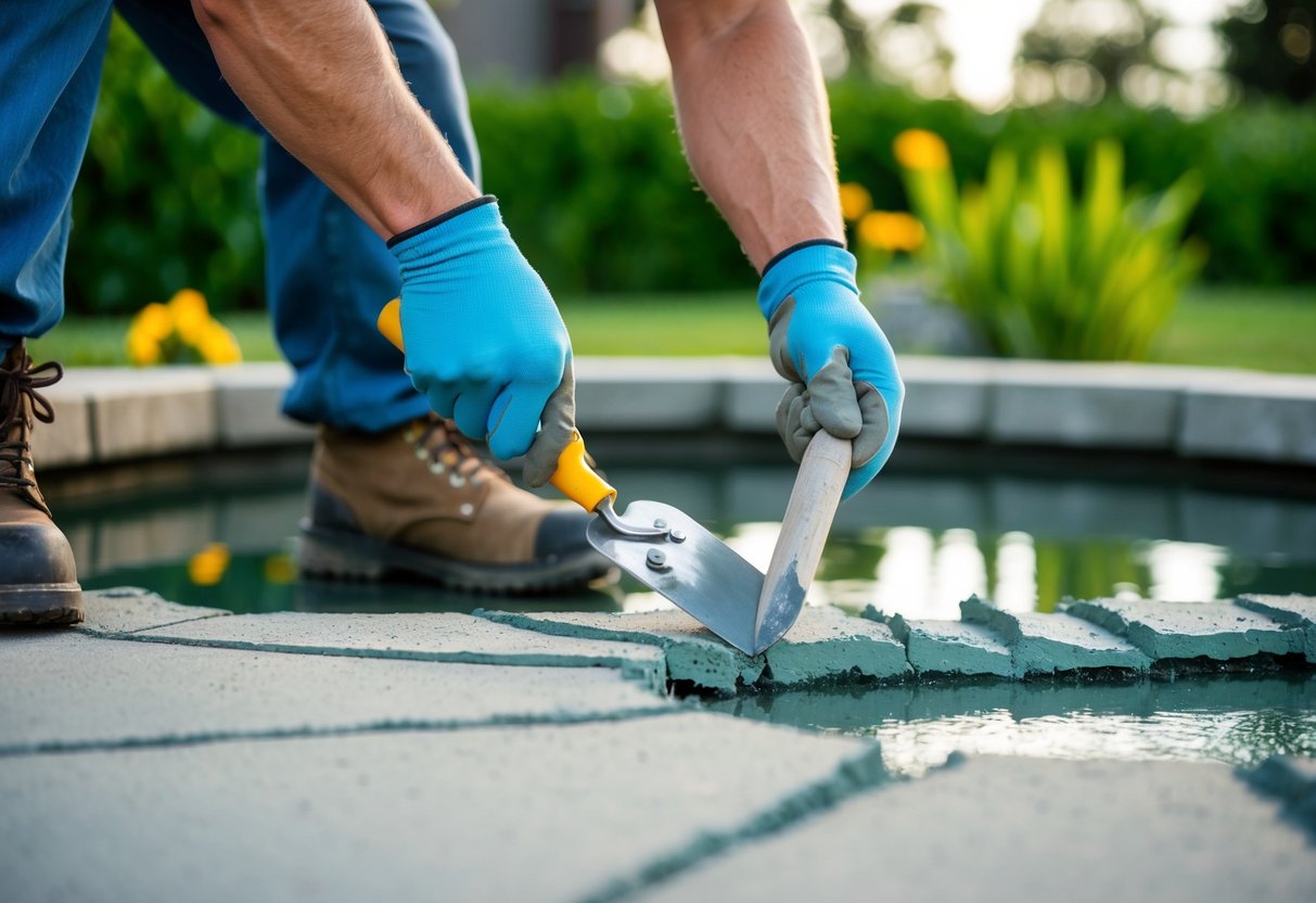 A person wearing gloves and using a trowel to apply concrete patching compound to a cracked fish pond