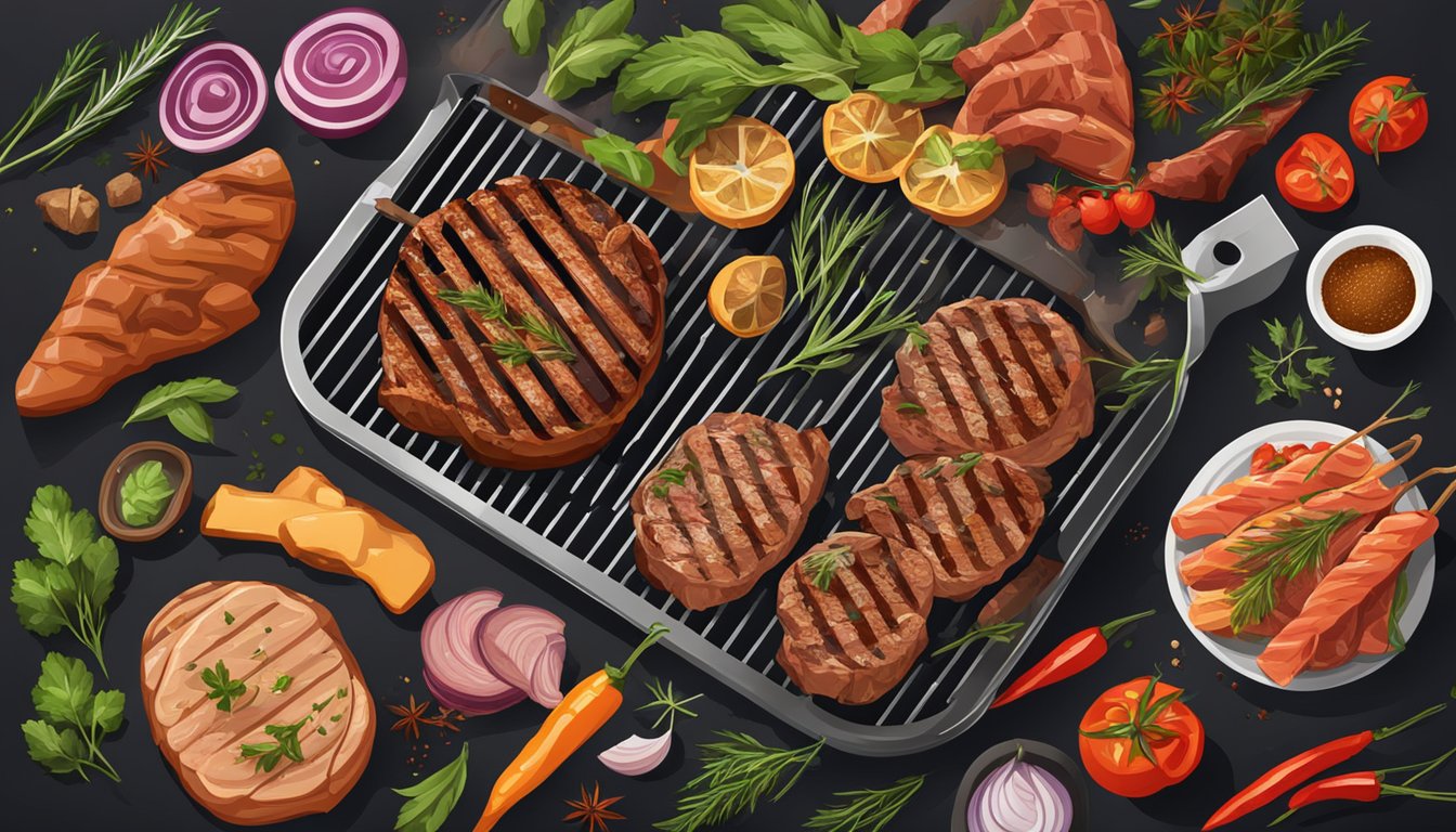 A sizzling grill with various cuts of meat cooking, surrounded by herbs and spices