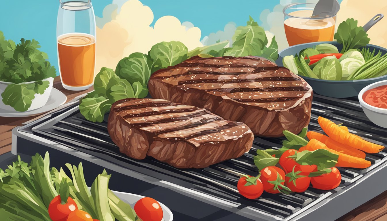 A sizzling ribeye steak on a grill, surrounded by fresh vegetables and herbs, with a clear blue sky in the background