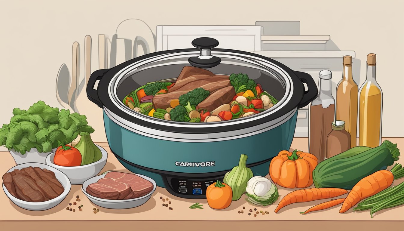 A kitchen counter with a slow cooker surrounded by fresh vegetables, meat, and spices. A cookbook open to a carnivore diet recipe