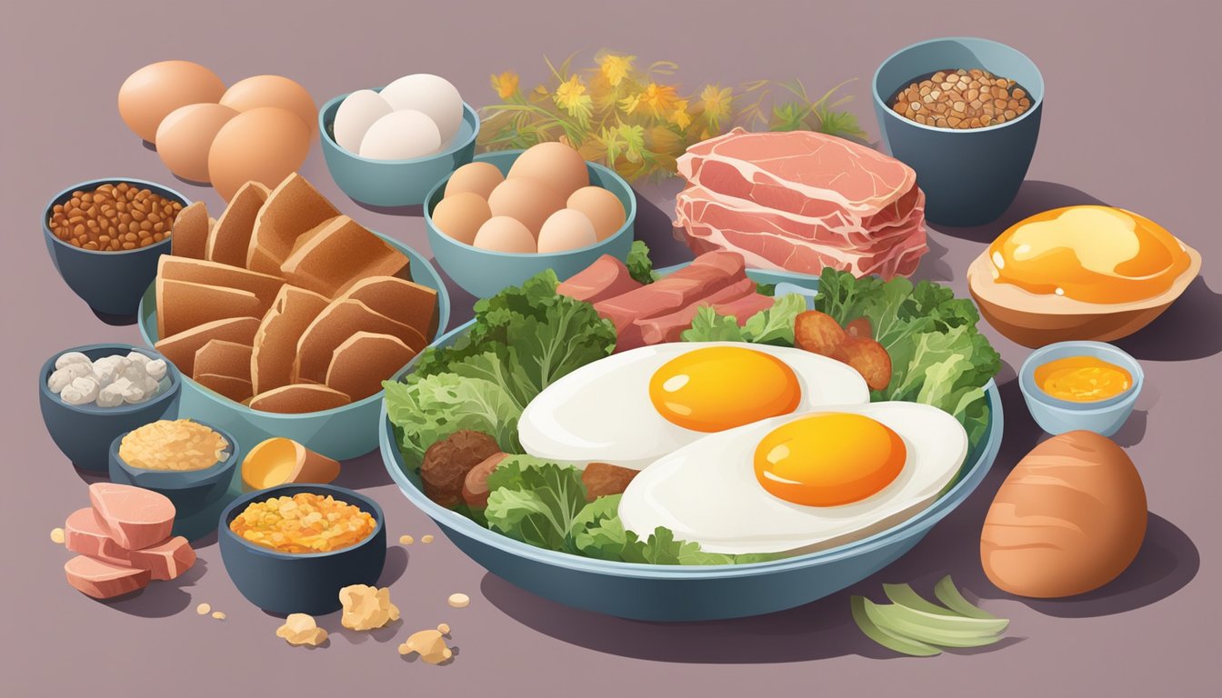 A carton of cage-free eggs surrounded by a variety of carnivore diet friendly foods, including meats and fish, with vibrant colors and textures