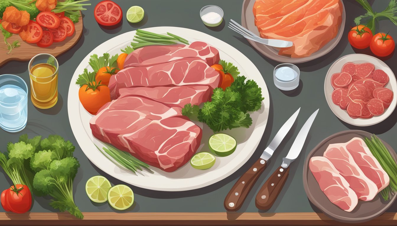 A table with a variety of raw meats, a glass of water, and a plate of fresh vegetables