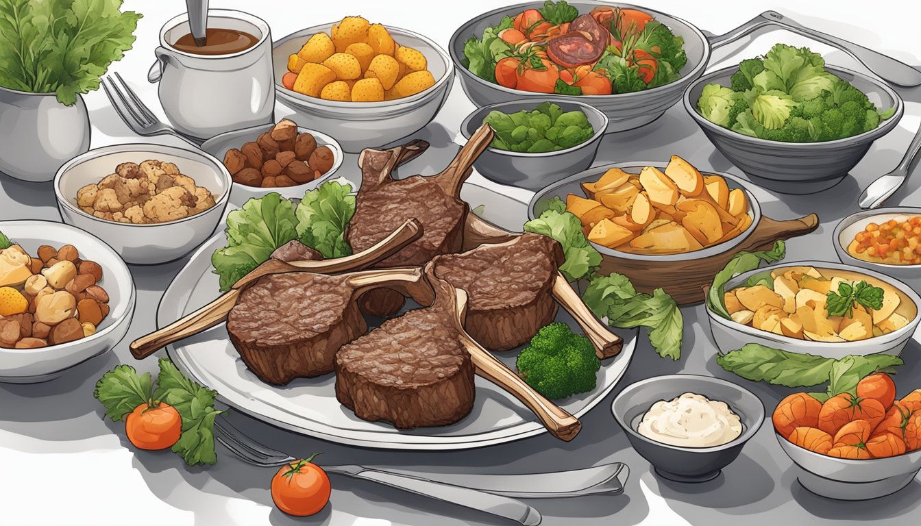 A plate with lamb chops, surrounded by 6 other carnivore diet-friendly foods, arranged in an appealing and appetizing manner