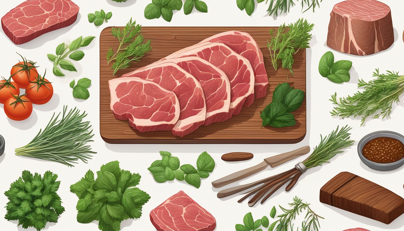 A variety of beef cuts arranged on a wooden cutting board, surrounded by fresh herbs and seasonings