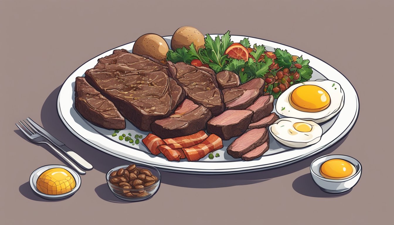 A plate with a cooked liver as the main dish, surrounded by various carnivore-friendly foods such as eggs, bacon, and steak