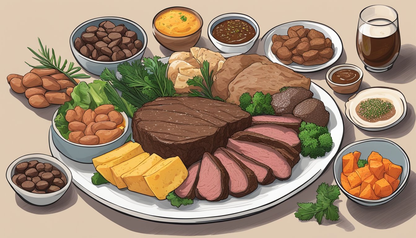 A plate of beef liver surrounded by 6 other carnivore diet friendly foods, all arranged in an appealing and appetizing display