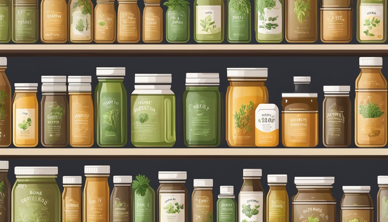 A variety of bone broth containers arranged neatly on a shelf, surrounded by fresh vegetables and herbs