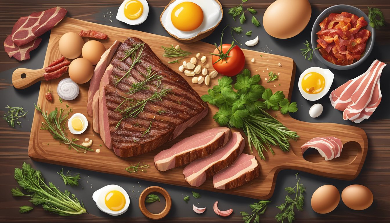 A variety of carnivore-friendly foods arranged on a wooden cutting board, including steak, chicken, eggs, and bacon, with fresh herbs and seasonings scattered around