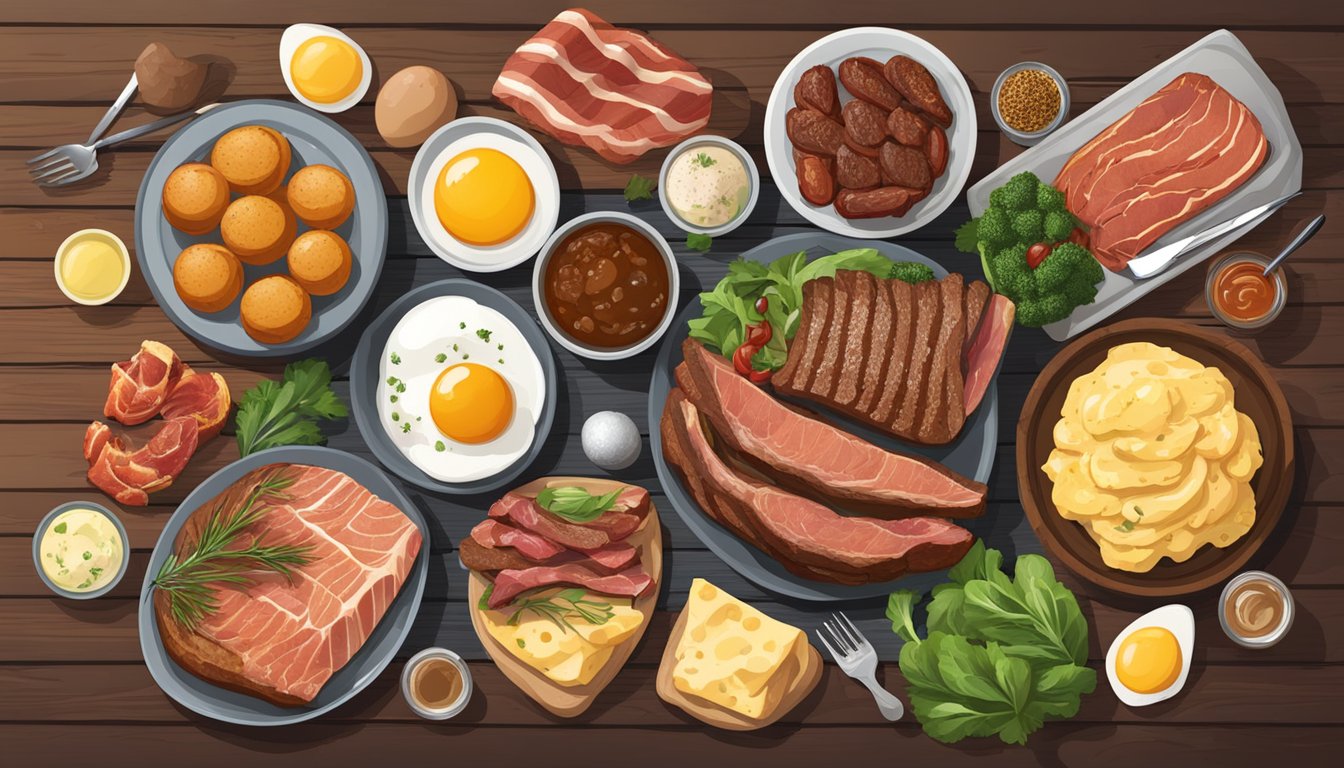 A variety of carnivore diet friendly foods arranged on a rustic wooden table, including grilled steak, bacon, eggs, salmon, and assorted cuts of meat