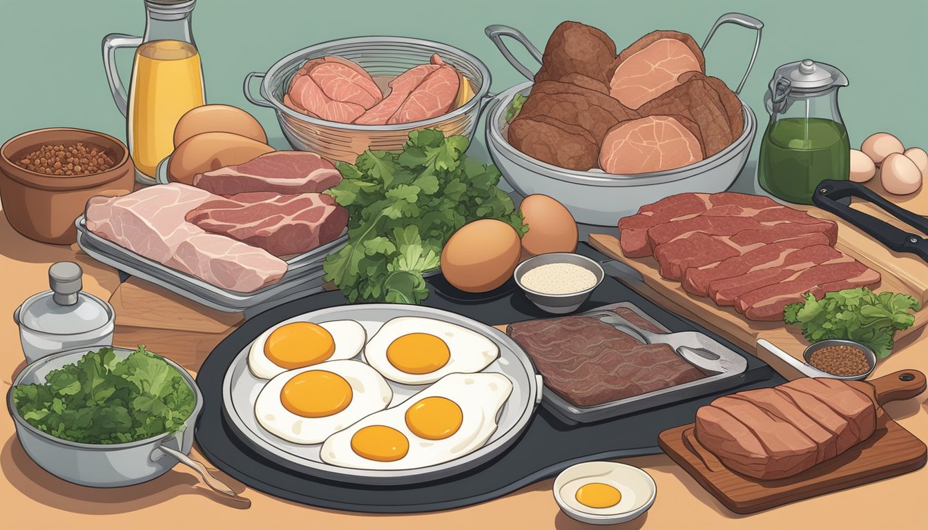 A kitchen counter with a variety of fresh meats, eggs, and leafy greens. A cookbook open to a carnivore recipe, surrounded by cooking utensils and a scale