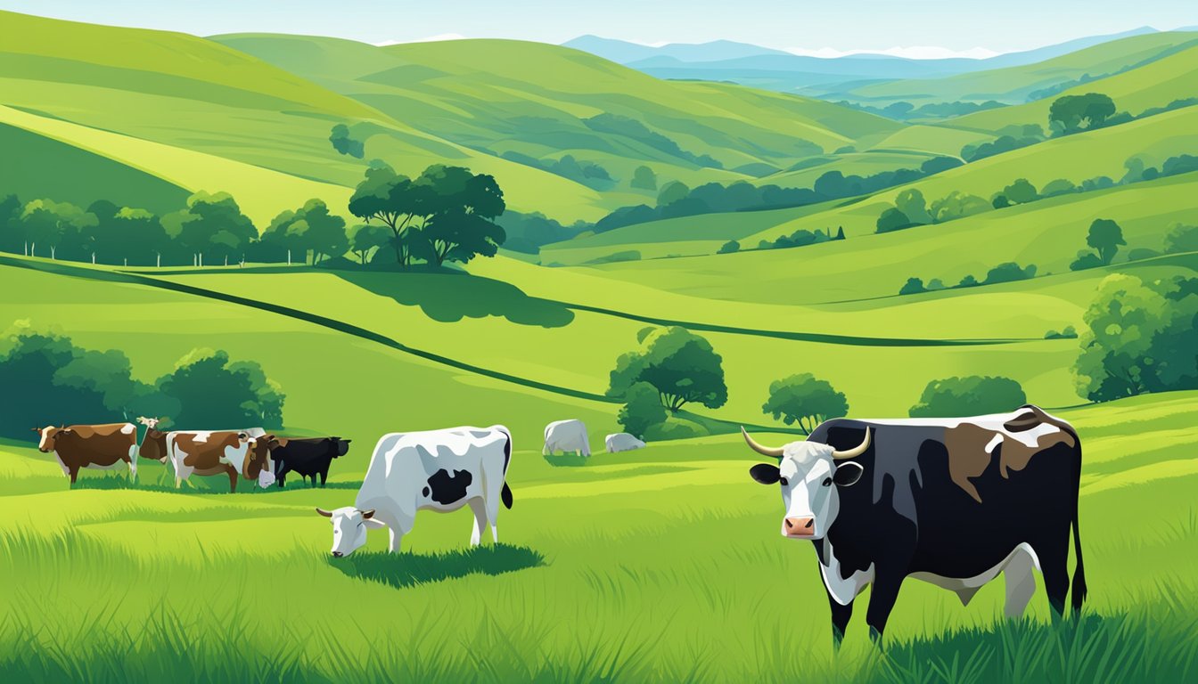 A lush green field with grazing cattle, surrounded by rolling hills and a clear blue sky