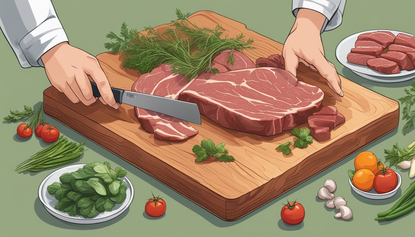 A butcher arranging various lean cuts of meat on a wooden cutting board, surrounded by fresh vegetables and herbs