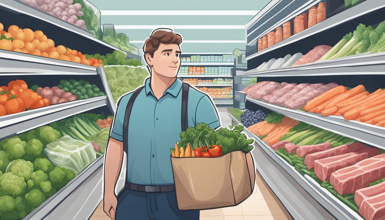 A person holding a bag of frozen meat surrounded by various frozen vegetables and fruits in a grocery store aisle