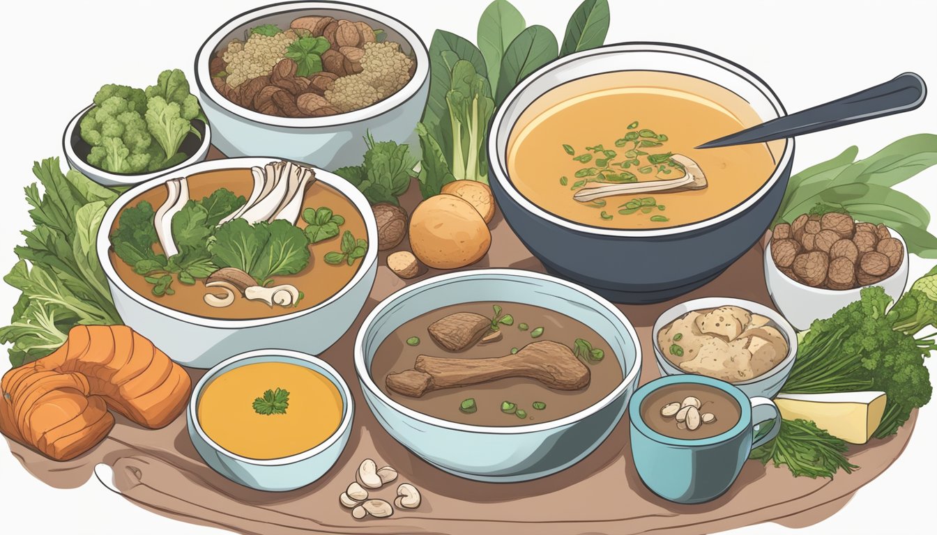 A steaming bowl of bone broth surrounded by various carnivore diet-friendly foods, with a list of 7 tips for better blood sugar management displayed nearby