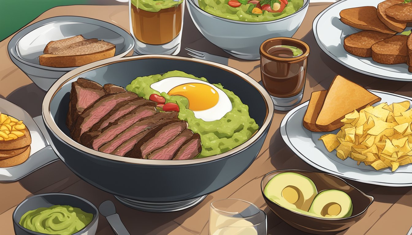 A bowl filled with steak slices, guacamole, and assorted breakfast items on a table