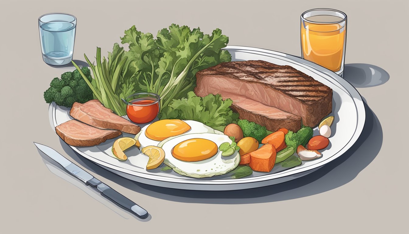 A carnivore diet plate with various meats, eggs, and non-starchy vegetables, accompanied by a glass of water and a blood sugar monitoring device