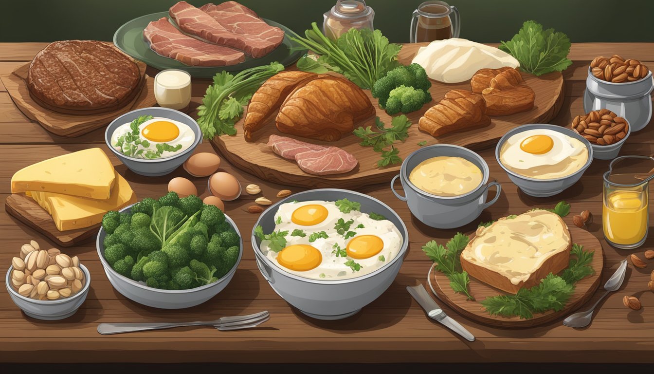 A carnivorous feast spread on a rustic wooden table, showcasing various meats, eggs, and dairy products, accompanied by leafy green vegetables and nuts