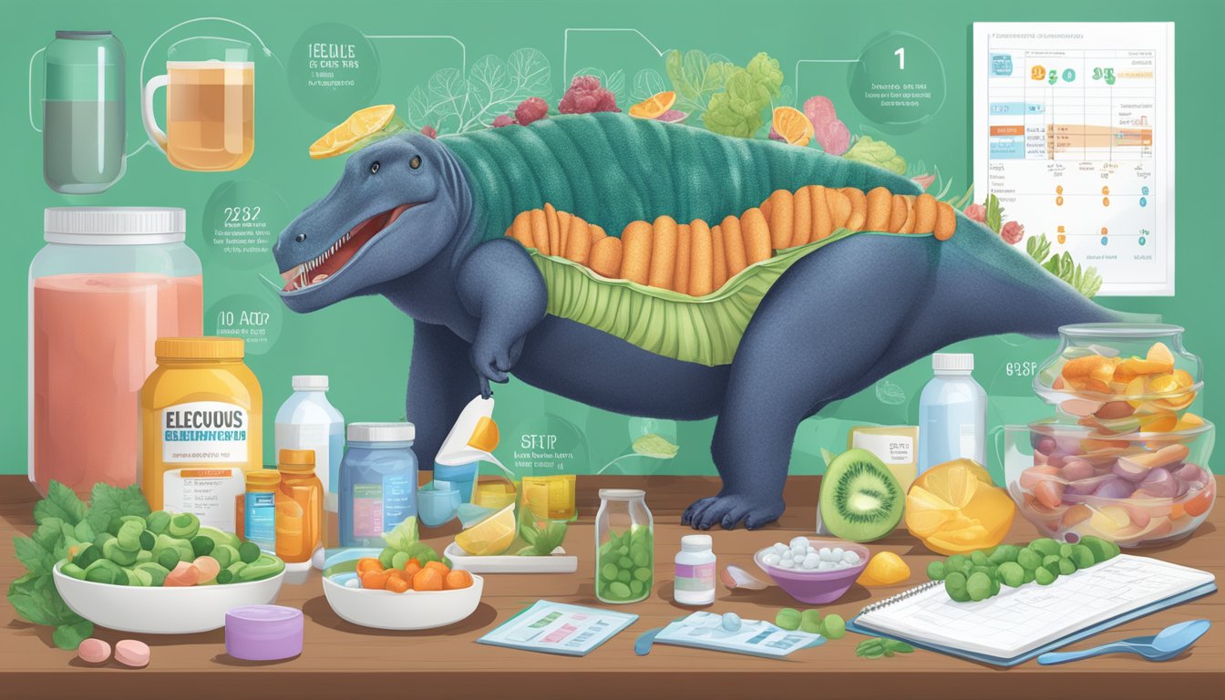 A carnivorous animal surrounded by electrolyte supplements, with a balanced meal plan and blood sugar level chart in the background