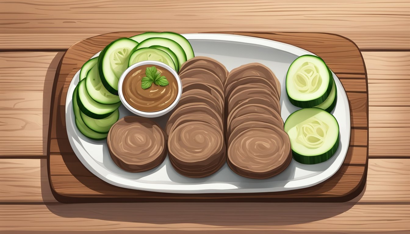 A plate of chicken liver pâté with neatly arranged cucumber slices on a wooden cutting board