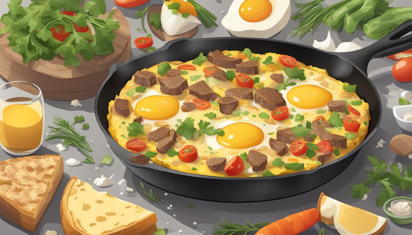 A sizzling frittata cooking in a skillet, filled with chunks of beef and gooey melted cheese, surrounded by fresh ingredients like eggs, vegetables, and herbs