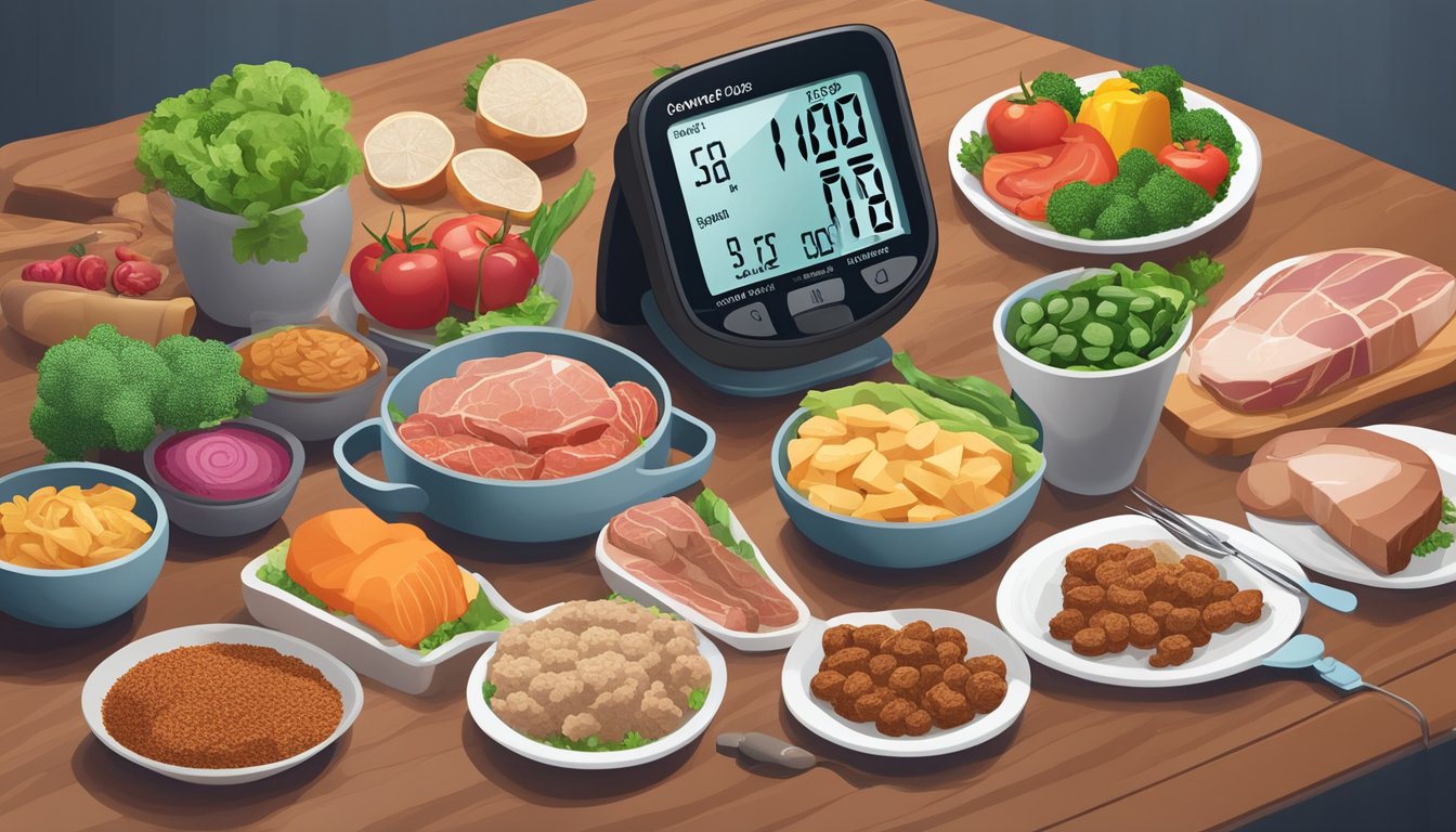 A table set with seven different types of carnivore diet foods, including meats and low-carb vegetables, with a blood sugar monitor and healthy blood sugar levels displayed on a screen in the background