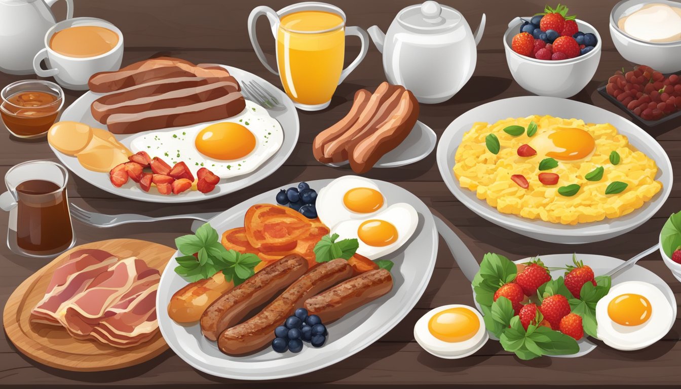 A table set with various breakfast dishes, including eggs, bacon, and steak. A plate of sizzling sausages and a bowl of fresh berries complete the spread