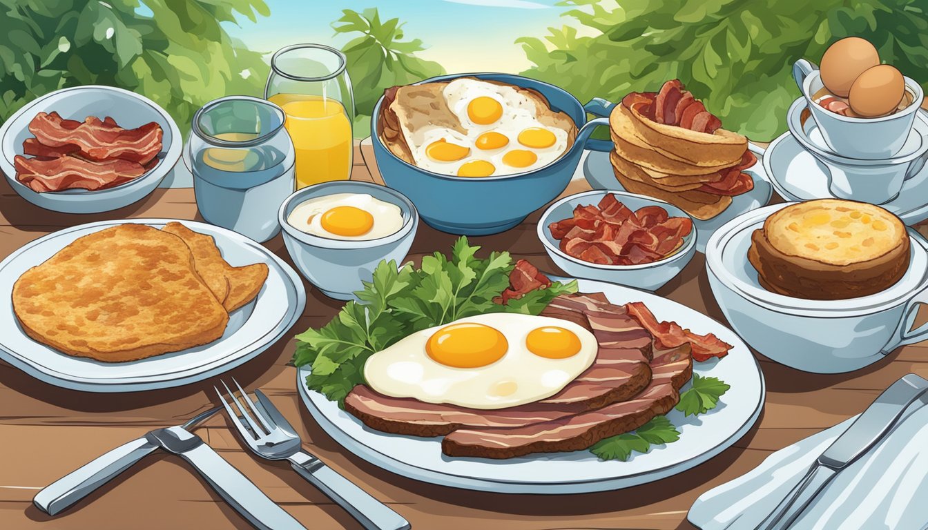 A table set with various breakfast dishes, including eggs, bacon, and steak, surrounded by lush greenery and a clear blue sky