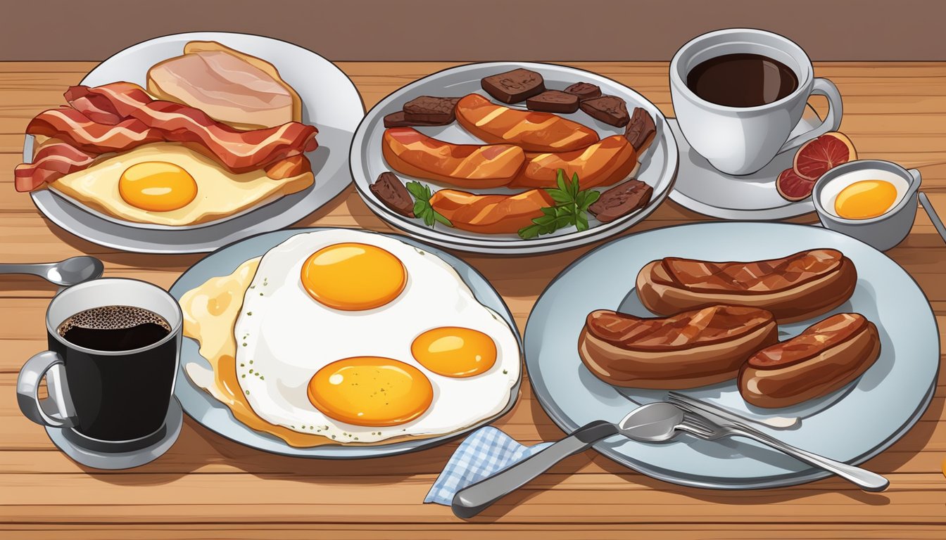 A table set with various breakfast items including eggs, bacon, and steak. A plate of sizzling sausages sits next to a cup of black coffee