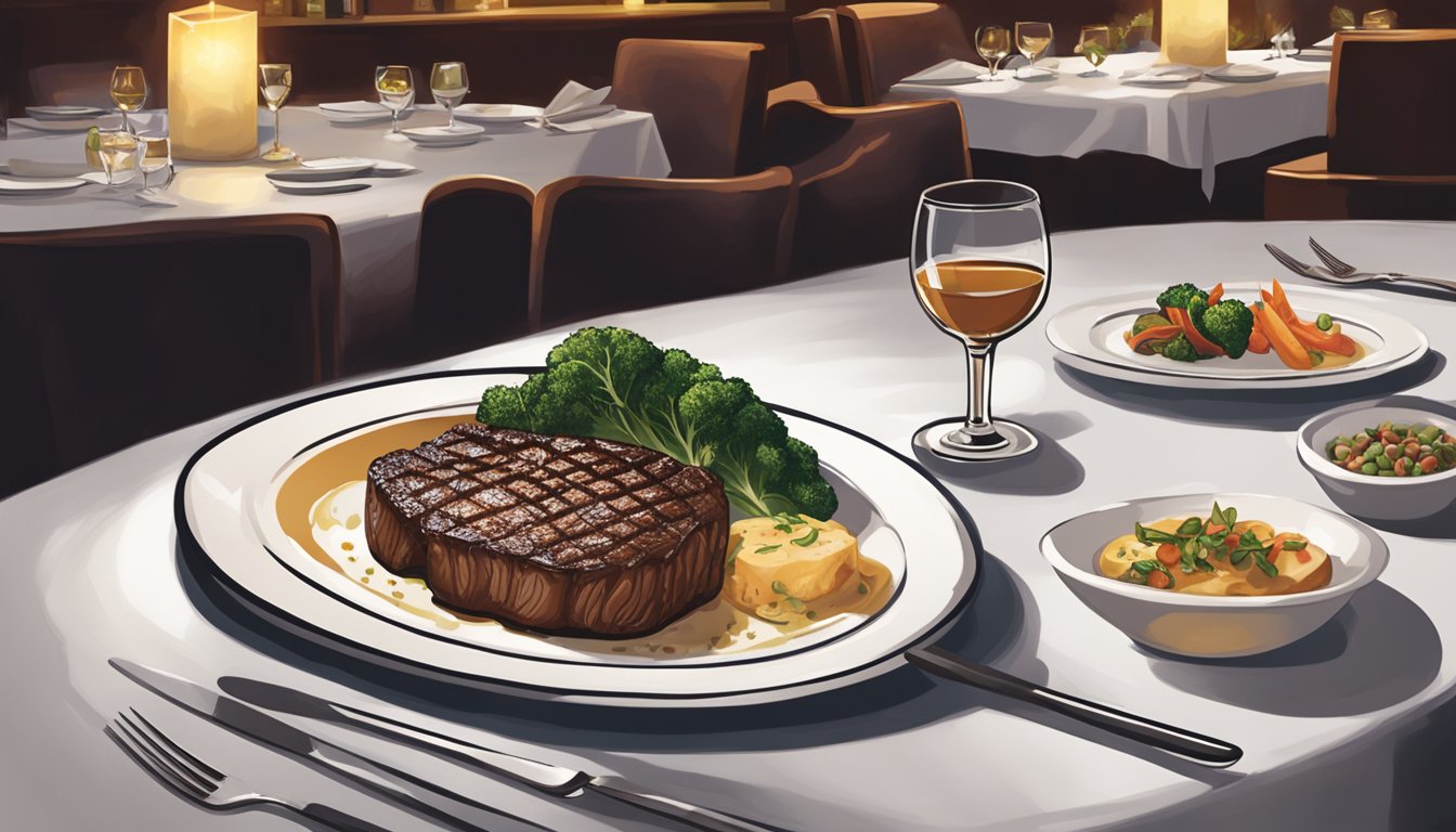 A sizzling steak being served at Ruth's Chris Steak House, surrounded by elegant table settings and dim lighting