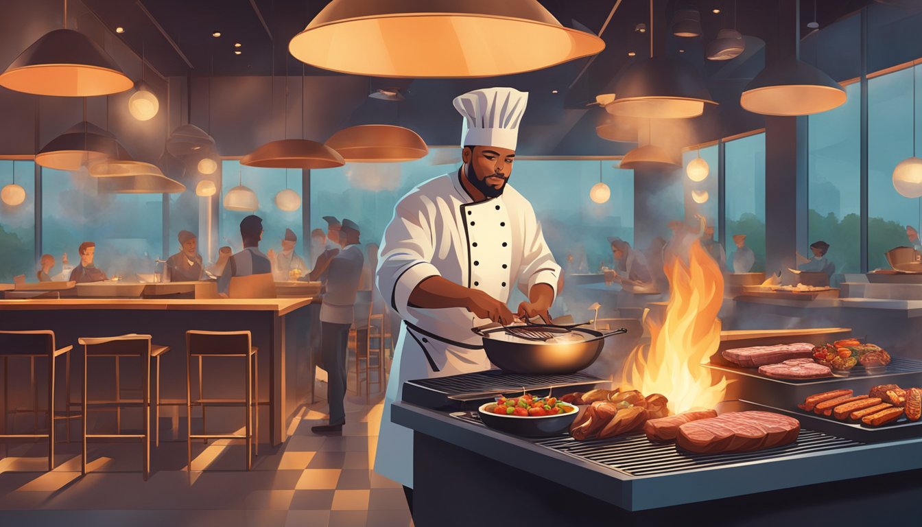 A chef grilling various meats on an open flame, surrounded by sleek, modern restaurant decor