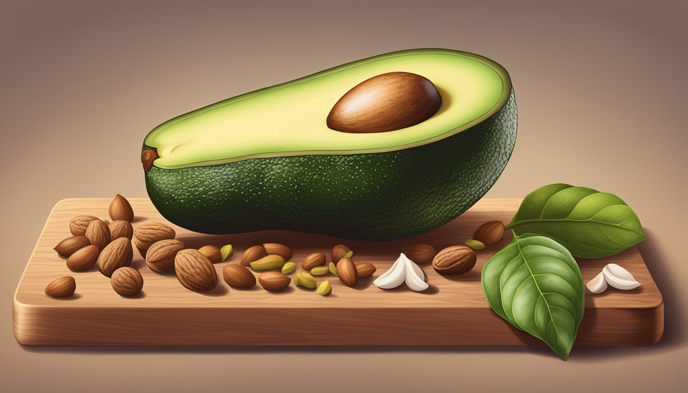 A ripe avocado surrounded by nuts, seeds, and lean meats on a wooden cutting board